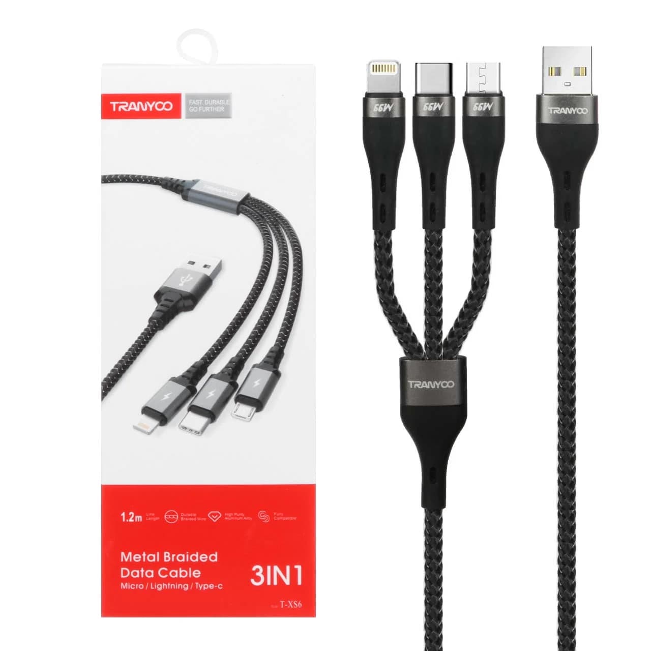 کابل شارژ فست 1.2 متری TRANYOO 3 in 1 مدل T-XS6 – مشکی خاکستری — تصویر ۴