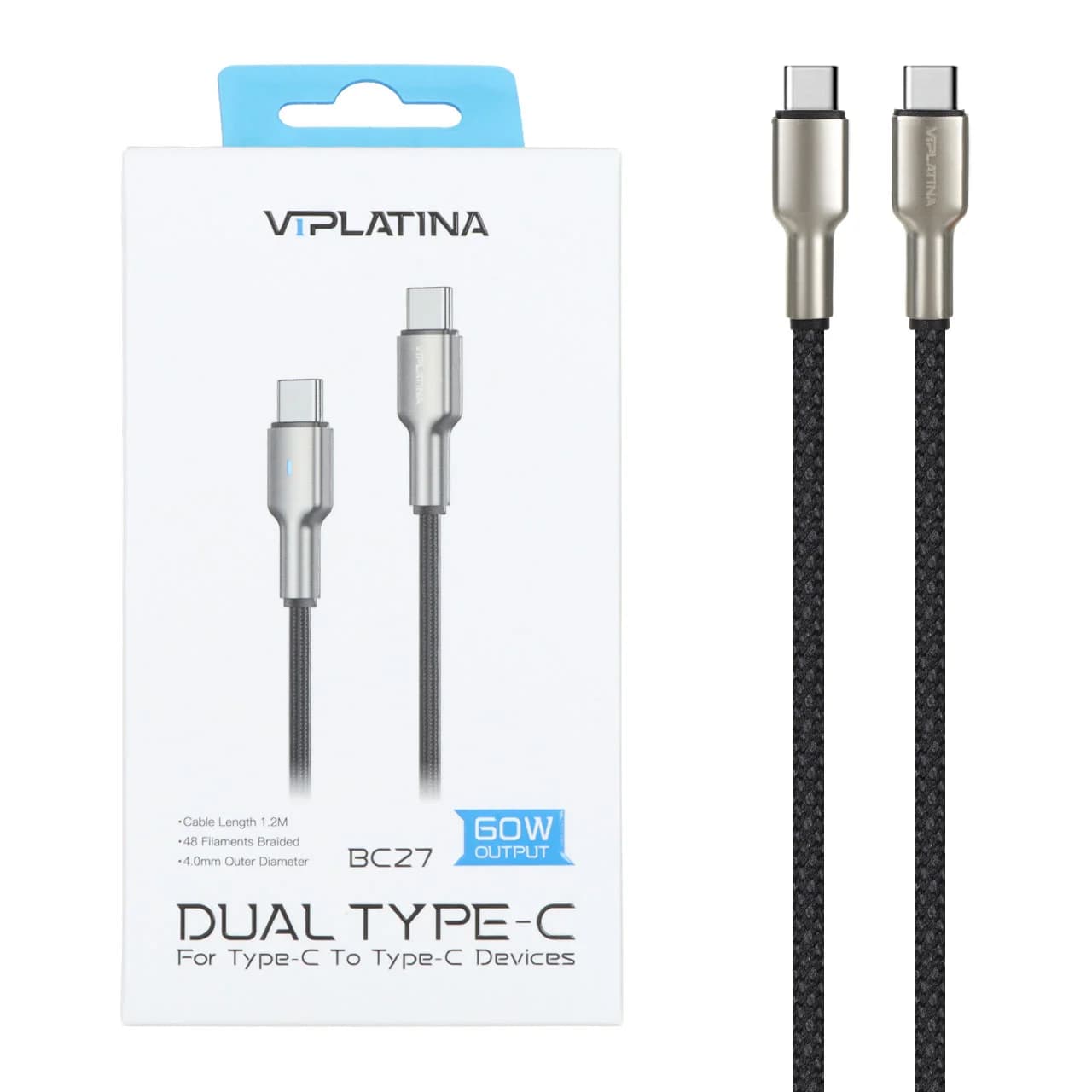 کابل شارژ فست VIPLATINA Type-C To Type-C مدل BC27 60W – مشکی (گارانتی 18 ماه تعویض نیکان همراه)