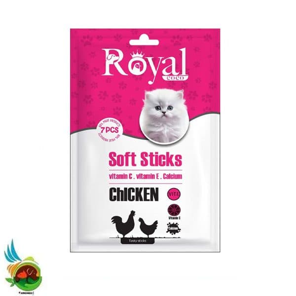 تشویقی مدادی نرم گربه رویال کوکو طعم مرغ Royal coco soft sticks with chicken بسته ۷ عددی