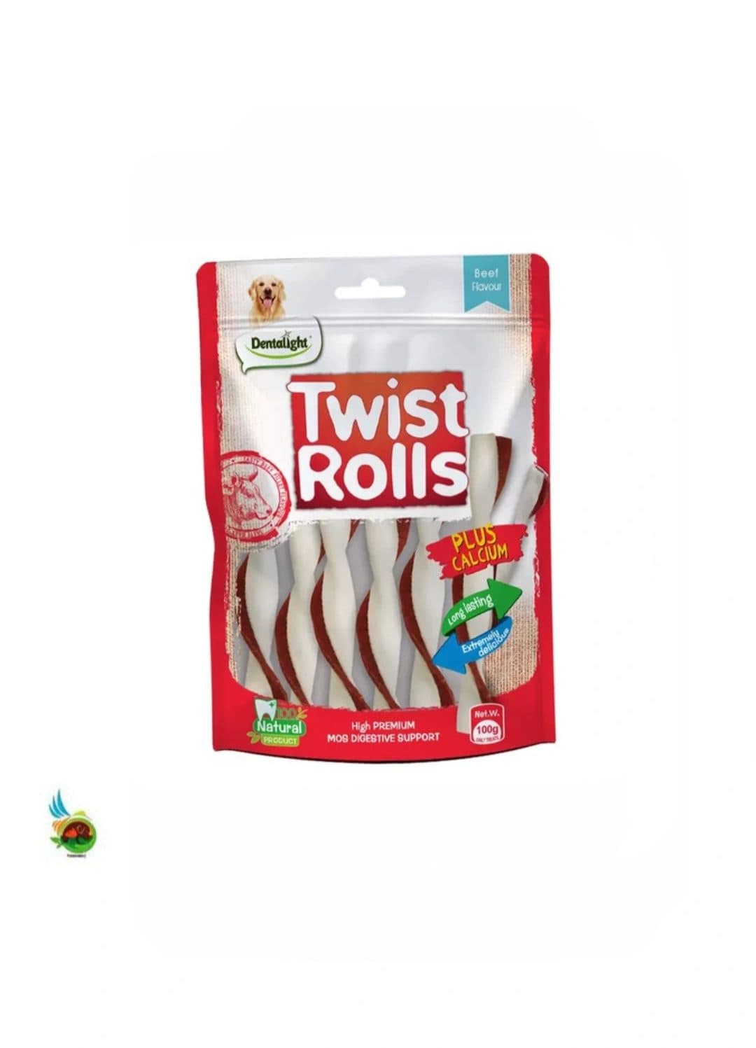تشویقی کلسیمی سگ دنتالایت طعم گوشت مدل پیچی Dentalight twist rolls with beef وزن ۱۰۰ گرم