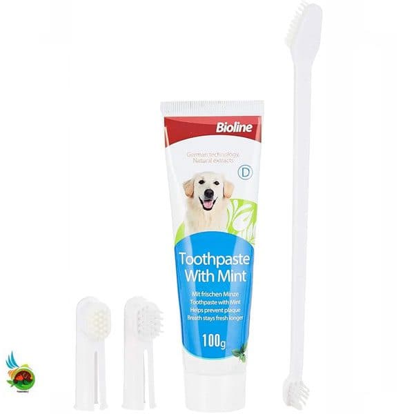 ست مسواک و خمیر دندان سگ بایولاین طعم نعناع Bioline toothpaste with mint وزن ۱۰۰ گرم