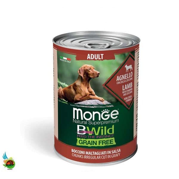 کنسرو سگ بالغ بی وایلد مونژه طعم گوساله، کدو حلوایی و کدو سبز Monge bwild adult dog lamb with pumpkin and zucchini وزن ۴۰۰ گرم