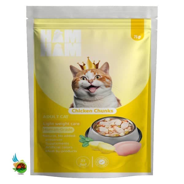 پوچ گربه هام هام طعم مرغ مدل چانک Ham Ham chicken chunks وزن ۷۵ گرم