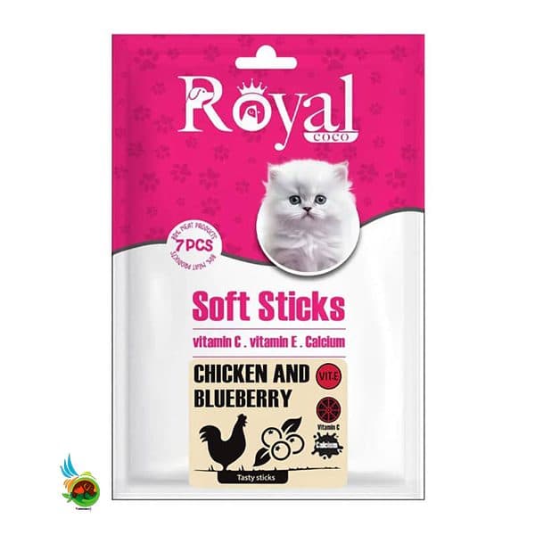 تشویقی مدادی نرم رویال کوکو گربه طعم مرغ و بلوبری Royal coco chicken and blueberry بسته ۷ عددی