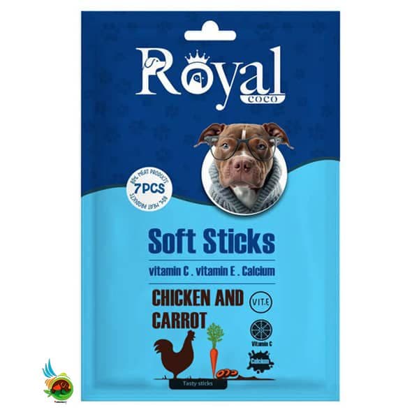 تشویقی مدادی نرم سگ رویال کوکو طعم مرغ و هویج Royal coco chicken and carrot بسته ۷ عددی
