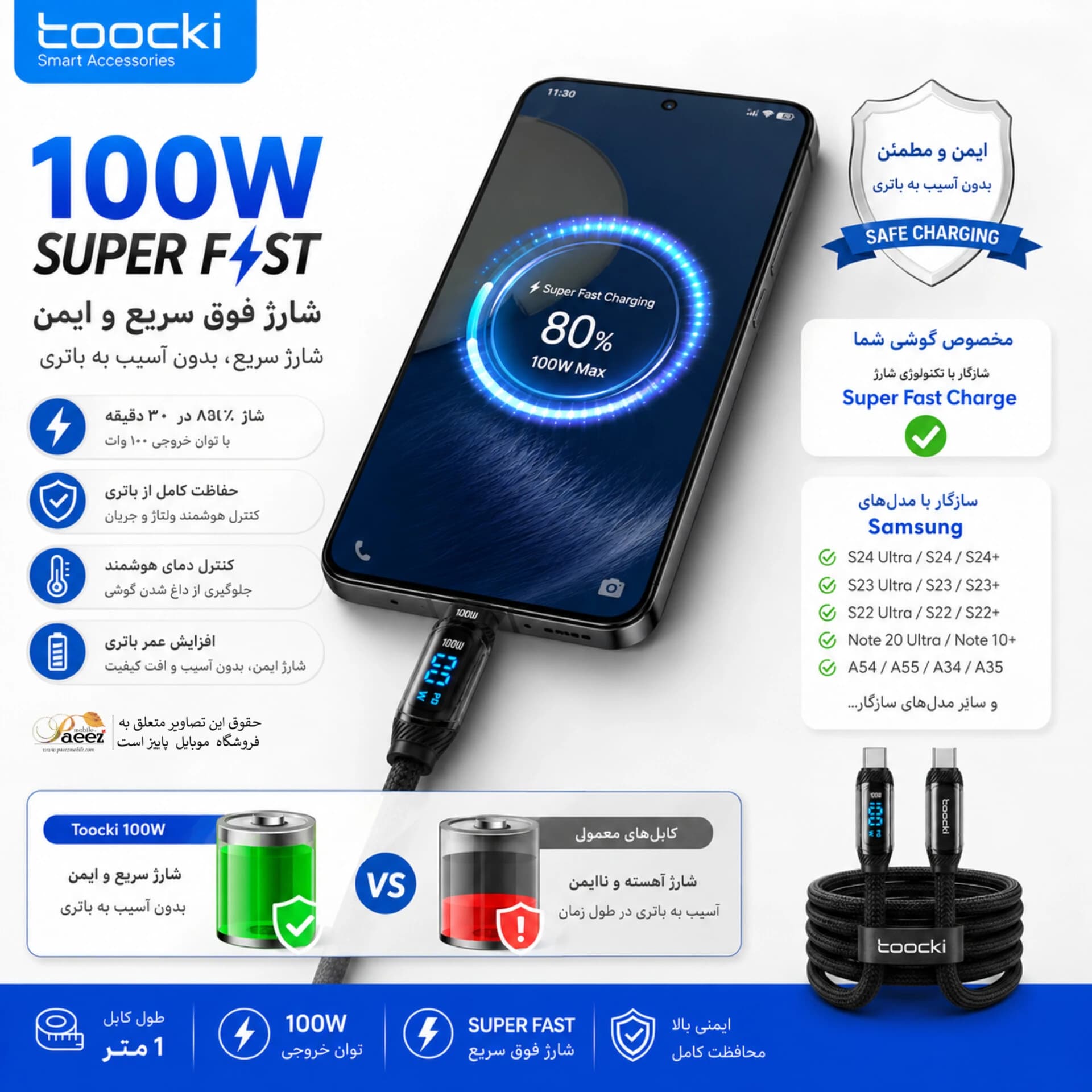کابل شارژ USB-C توکی مدل 100W | Galaxy S25 FE | — تصویر ۵