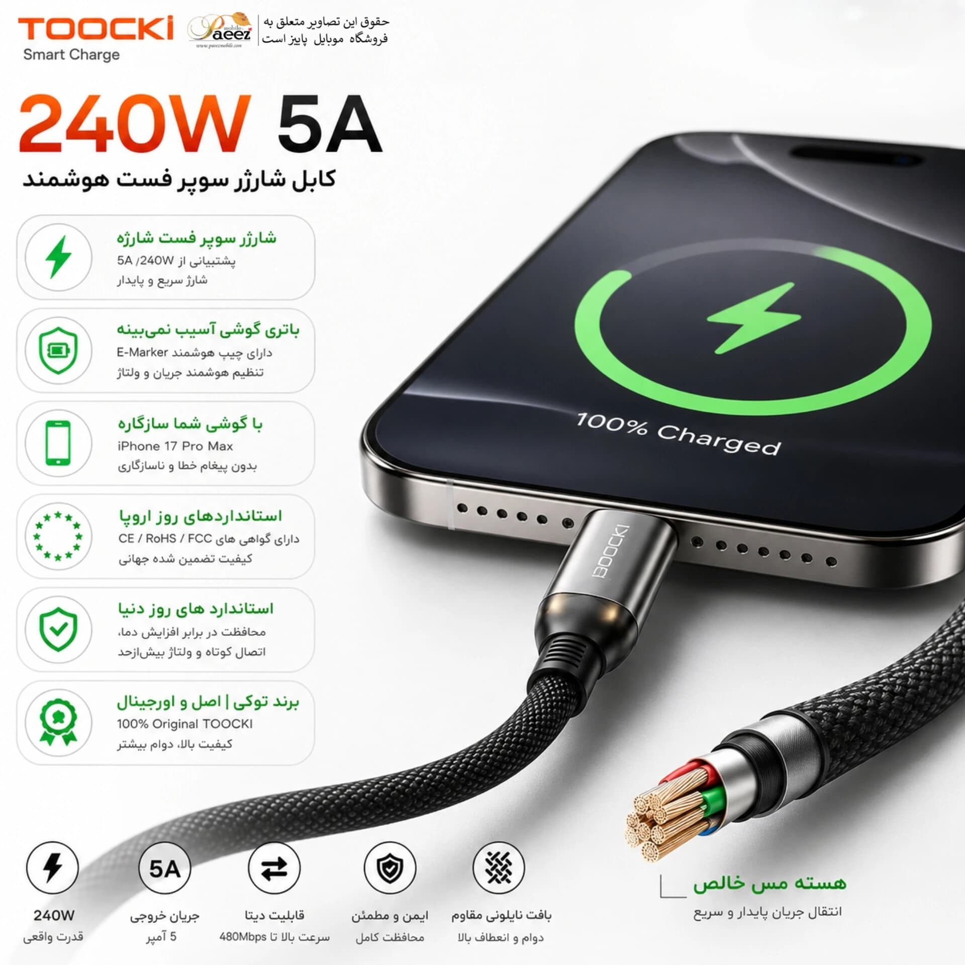 کابل شارژ USB-C هوشمند Toocki مدل 240W با طول 1 متر — تصویر ۱۲
