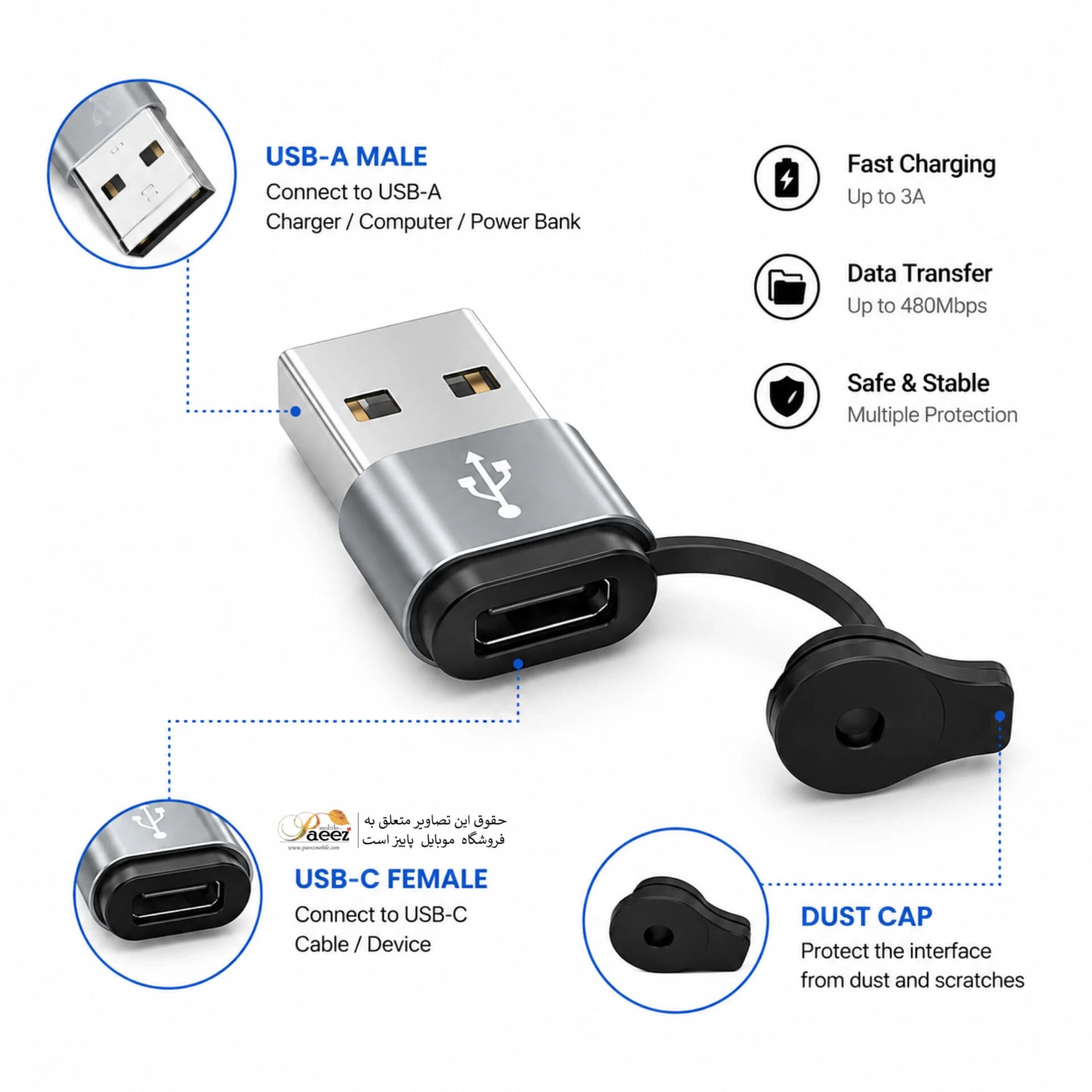 مبدل Type-C به USB-A | مادگی | تبدیل USB-A به USB-C با گیره محافظ — تصویر ۱۱