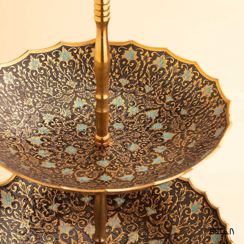 میوه خوری برنجی میناکاری تاج دو طبقه — تصویر ۳