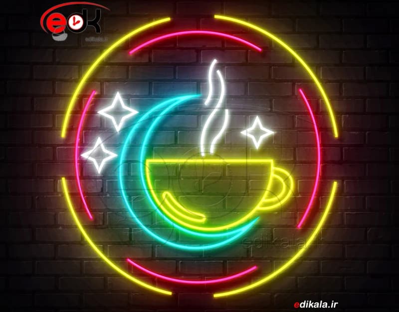 تابلو نئون طرح ماه و فنجان قهوه شماره 1 در ابعاد مختلف +آداپتور+ فایل لایه باز — تصویر ۵