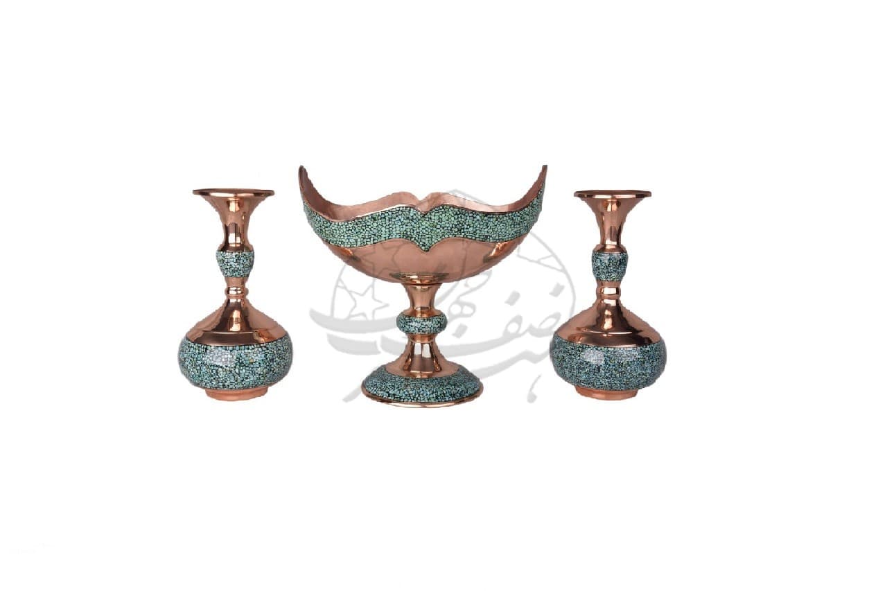 ست سه تیکه گلدان شلغمی 30 سانتیمتری و کشکول شماره ۲ فیروزه کوبی