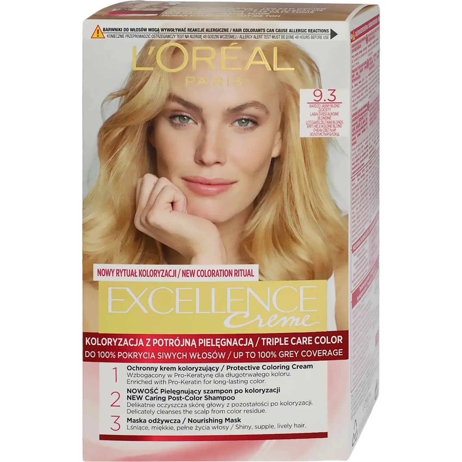 رنگ مو لورآل شماره 9.3 بلوند طلایی خیلی روشن L’Oreal Paris Excellence Creme Hair Color 9.3 Very Light Golden Blonde