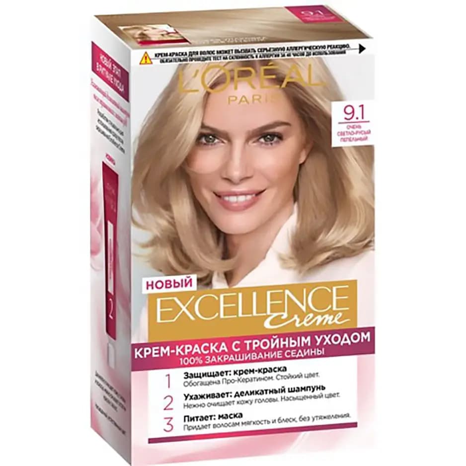 رنگ مو لورآل شماره 9.1 بلوند دودی (استخوانی) خیلی روشن LOreal Paris Excellence Creme Hair Color 9.1 Blonde Very Light Ash