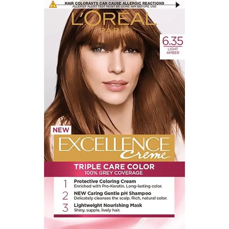 رنگ مو لورآل شماره ۶.۳۵ قهوه‌ای کهربایی روشن L’Oreal Triple Care Hair Color 6.35 Light Amber