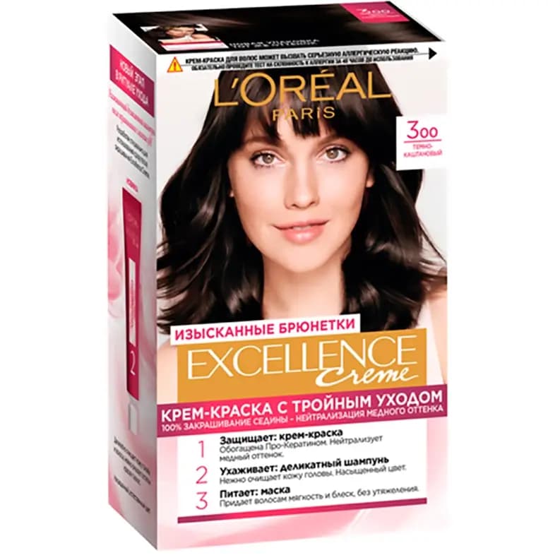 رنگ مو لورآل شماره 300 فندقی تیره با مراقبت سه گانه L’Oreal Paris Permanent cream-paint for hair 300 Dark chestnut