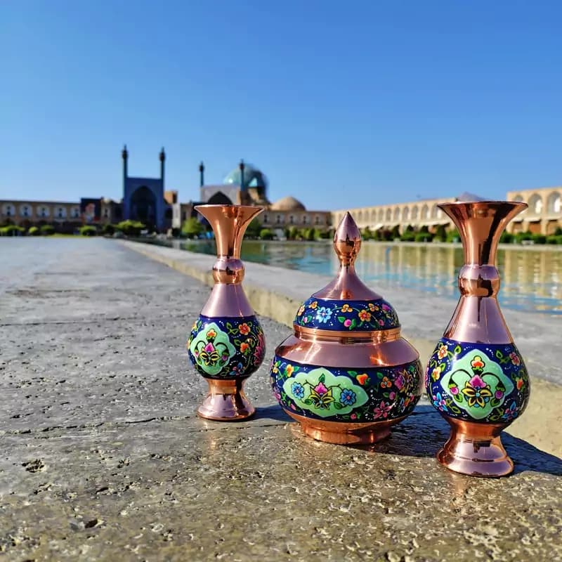 گلدان مسی و پرداز 16 سانتی طرح ترنج بسته دو عددی