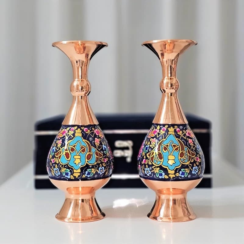 گلدان مسی و پرداز 20 سانتی دو عددی مدل پرداز طلایی به همراه جعبه فانتزی — تصویر ۷