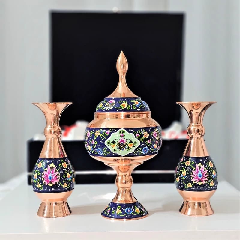 ست گلدان 16 و شکلات خوری 23 مسی طرح پرداز به همراه جعبه فانتزی — تصویر ۵