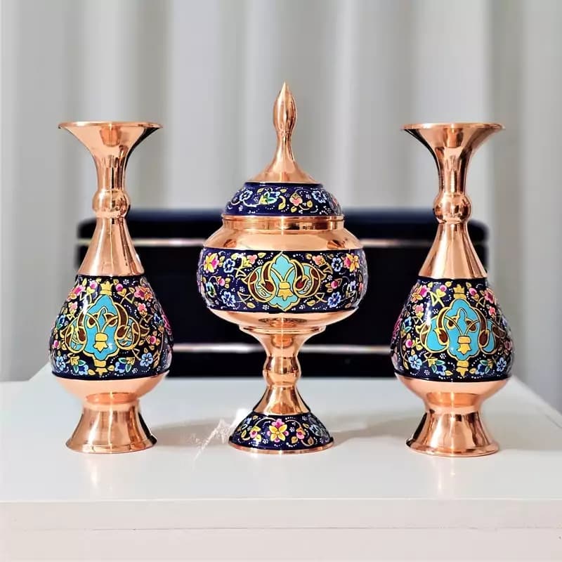 ست گلدان 20 و شکلات خوری 23 مسی طرح پردازطلایی به همراه جعبه فانتزی — تصویر ۸