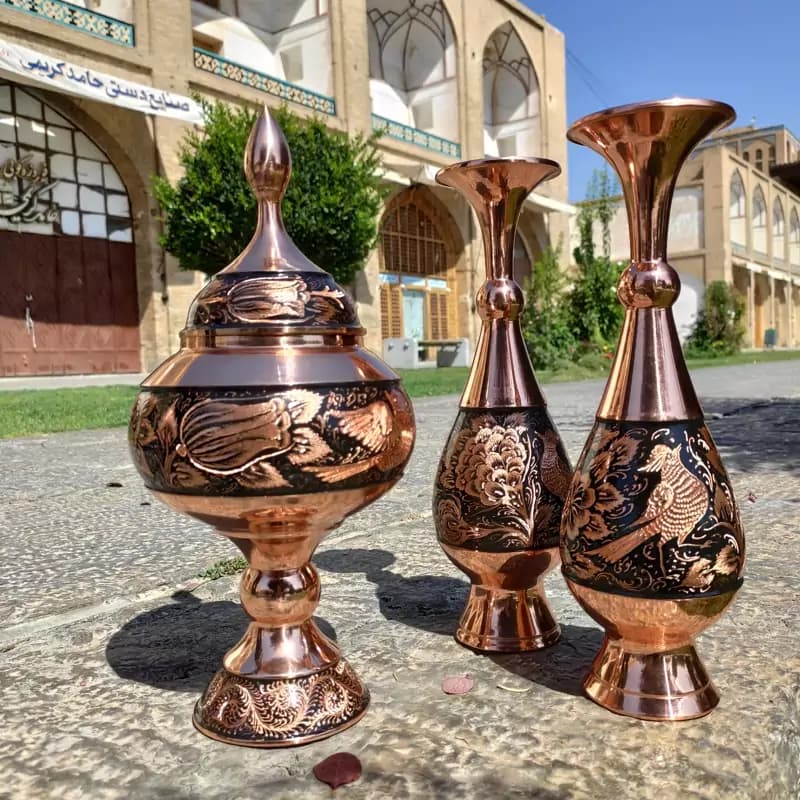 ست گلدان و شکلات خوری مسی مدل الماس تراش ارتفاع 30 — تصویر ۷