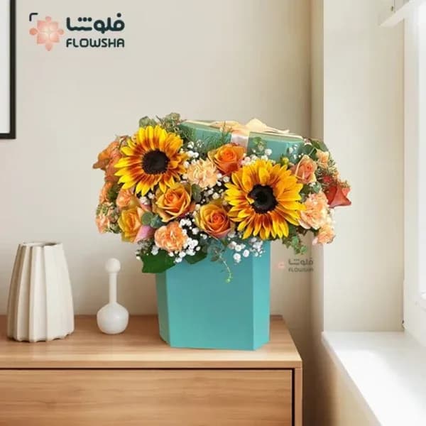 باکس گل رز و آفتابگردان شاداب – فروشگاه آنلاین گل فلوشا — تصویر ۲