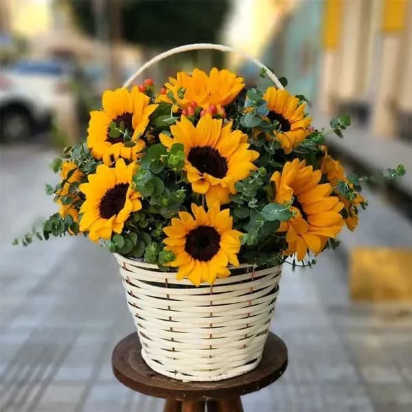 سبد گل حصیری آفتابگردان آبرون – فروشگاه اینترنتی گل فلوشا — تصویر ۲