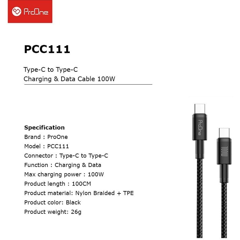 کابل تبدیل فست شارژ ProOne PCC111 Type-C To Type-C PD 100W 1m — تصویر ۳