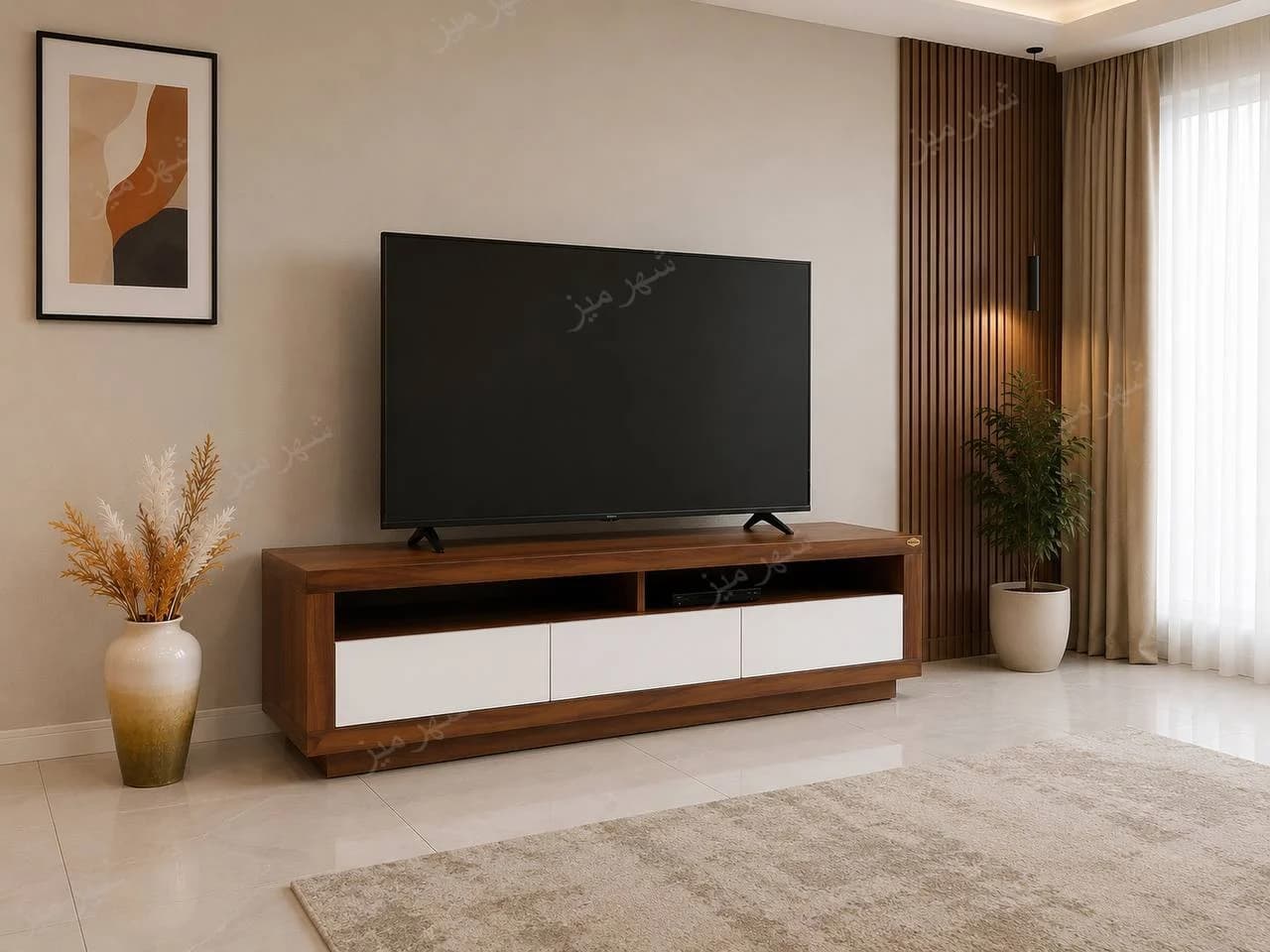 میز تلویزیون مدل لوتوس سفید گردویی