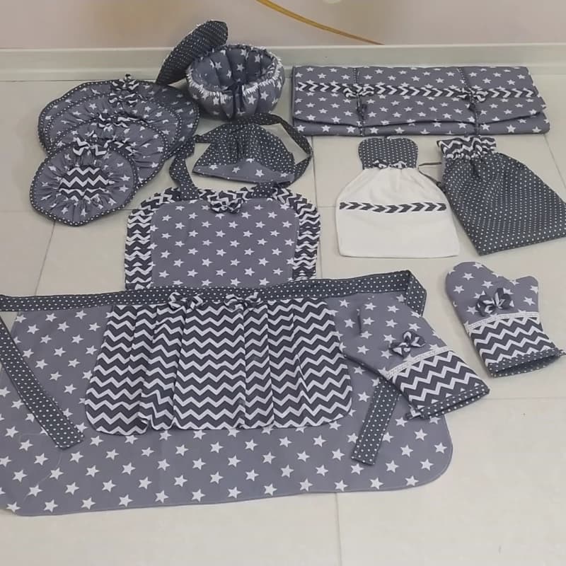 ست سرویس آشپزخانه پارچه ای عروس طوسی ستاره ای و زیکزاک 12تیمه