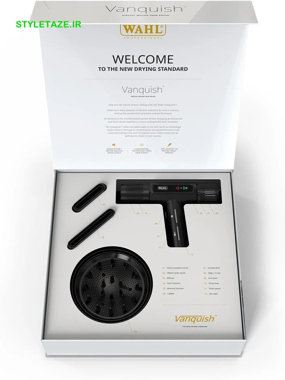 سشوار وال مدل ونکوییش سبک وزن، صفحه نمایش LED، بی صدا، 3 سری حرفه ای، قدرتمند، خشک کردن خنک، 3 تنظیم سرعت، تمیز کردن خودکار | Wahl Vanquish — تصویر ۵