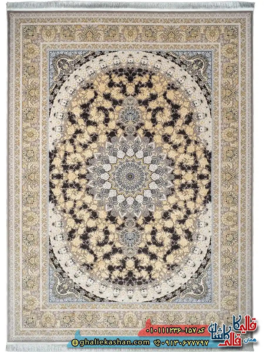 فرش کلاسیک 1200 شانه طرح سالار رنگ طوسی سیلور گل برجسته کاشان — تصویر ۱۰