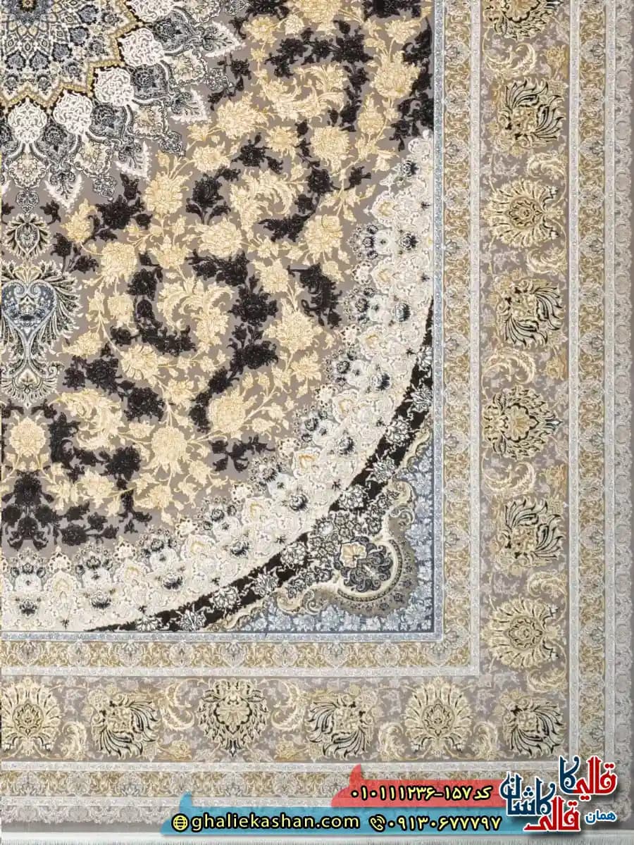 فرش کلاسیک 1200 شانه طرح سالار رنگ طوسی سیلور گل برجسته کاشان — تصویر ۴