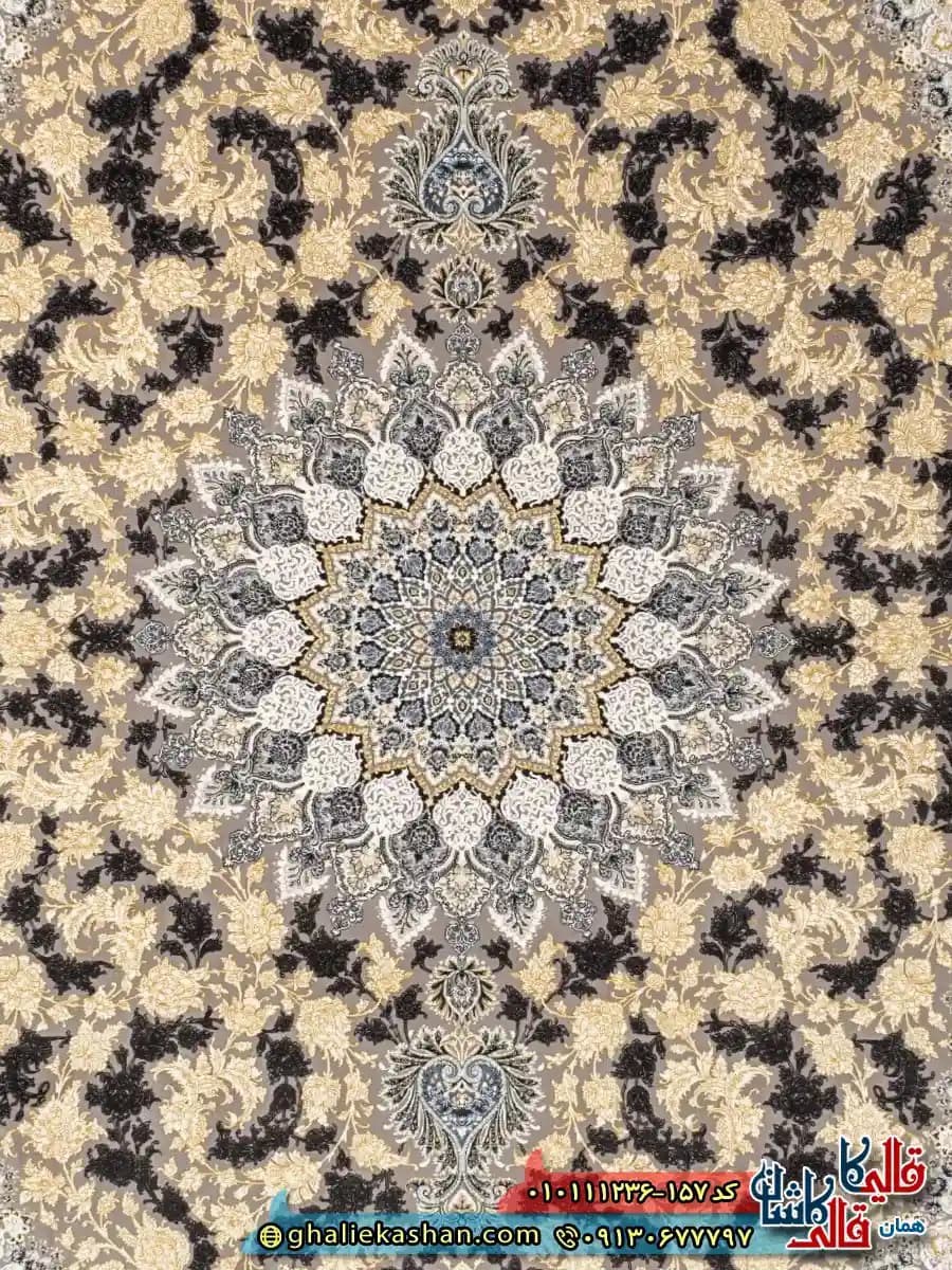 فرش کلاسیک 1200 شانه طرح سالار رنگ طوسی سیلور گل برجسته کاشان — تصویر ۵