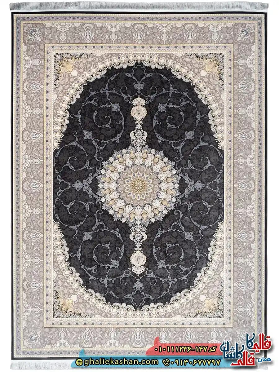 فرش ‌کلاسیک ‌1200 ‌شانه ‌طرح ‌ویکتوریا ‌زمینه ‌مشکی ‌زغالی ‌گل ‌برجسته ‌کاشان ‌ — تصویر ۹