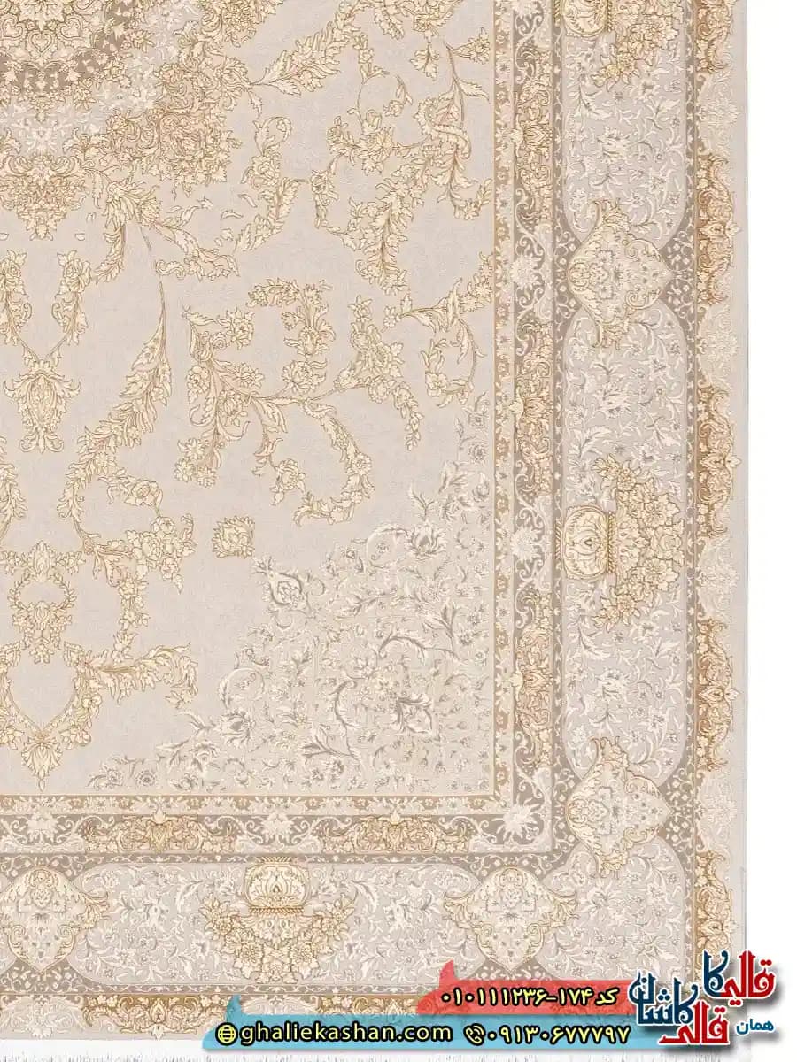 فرش ‌‌طلاکوب ‌‌1200 ‌‌شانه ‌‌طرح ‌‌هرا ‌‌زمینه ‌‌طوسی ‌‌عاجی ‌‌گل ‌‌برجسته ‌‌کاشان ‌‌ — تصویر ۱۲