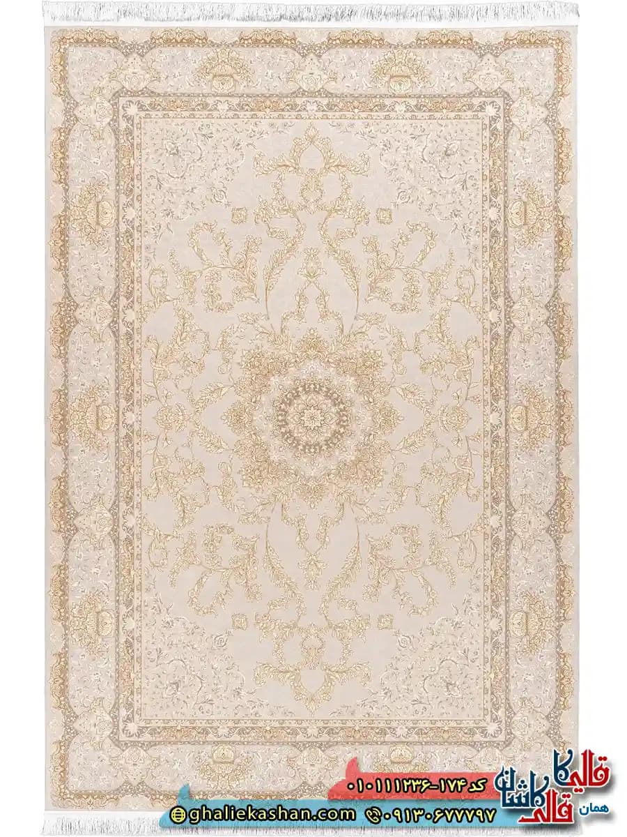 فرش ‌‌طلاکوب ‌‌1200 ‌‌شانه ‌‌طرح ‌‌هرا ‌‌زمینه ‌‌طوسی ‌‌عاجی ‌‌گل ‌‌برجسته ‌‌کاشان ‌‌ — تصویر ۳
