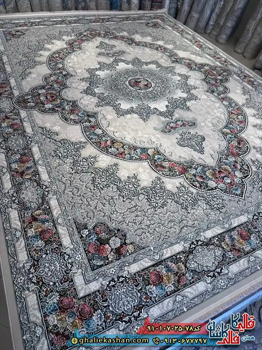 فرش کلاسیک 700 شانه طرح آروانا رنگ طوسی کرم کاشان — تصویر ۳