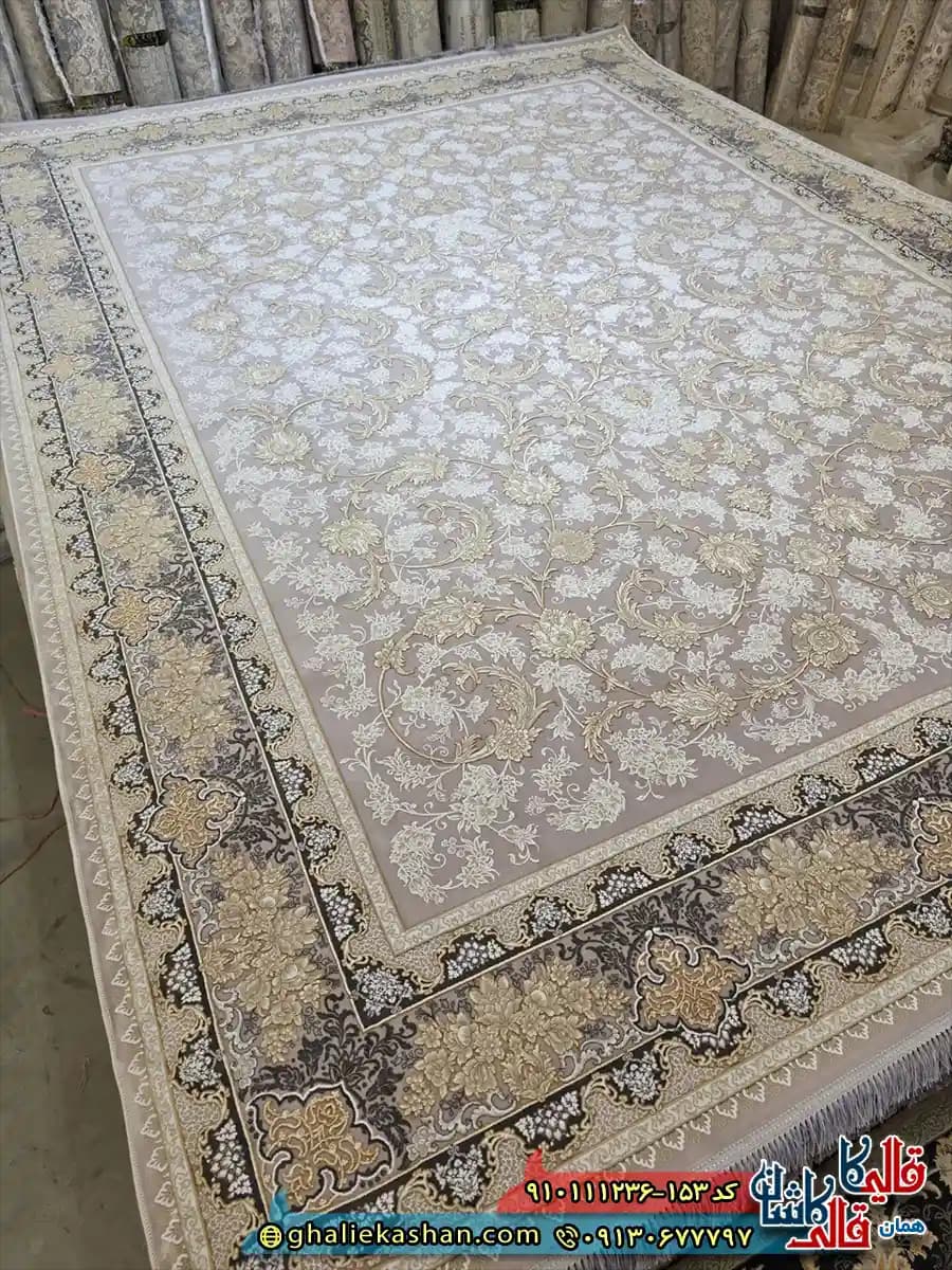 فرش طلاکوب 1200 شانه طرح افشان صدف رنگ بژ گل برجسته کاشان — تصویر ۵