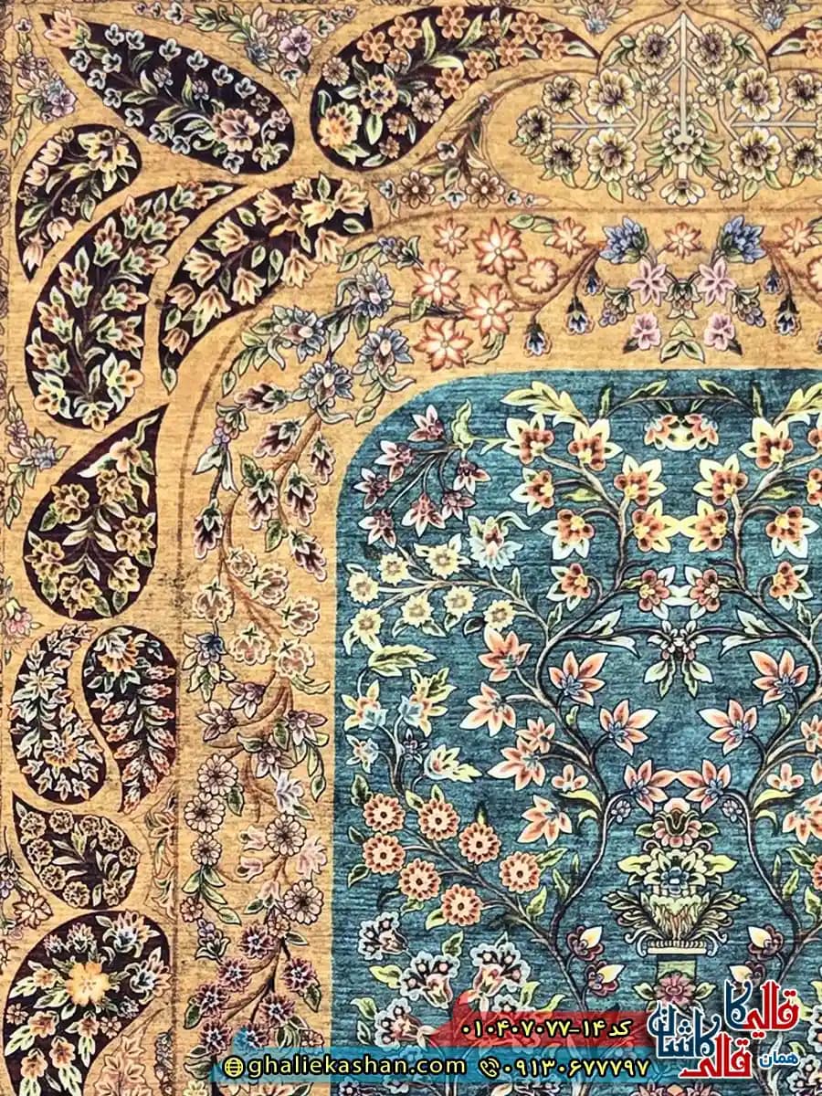 فرش کلاسیک سنتی 700 شانه طرح افشان تارلا رنگ سبز کاشان — تصویر ۶