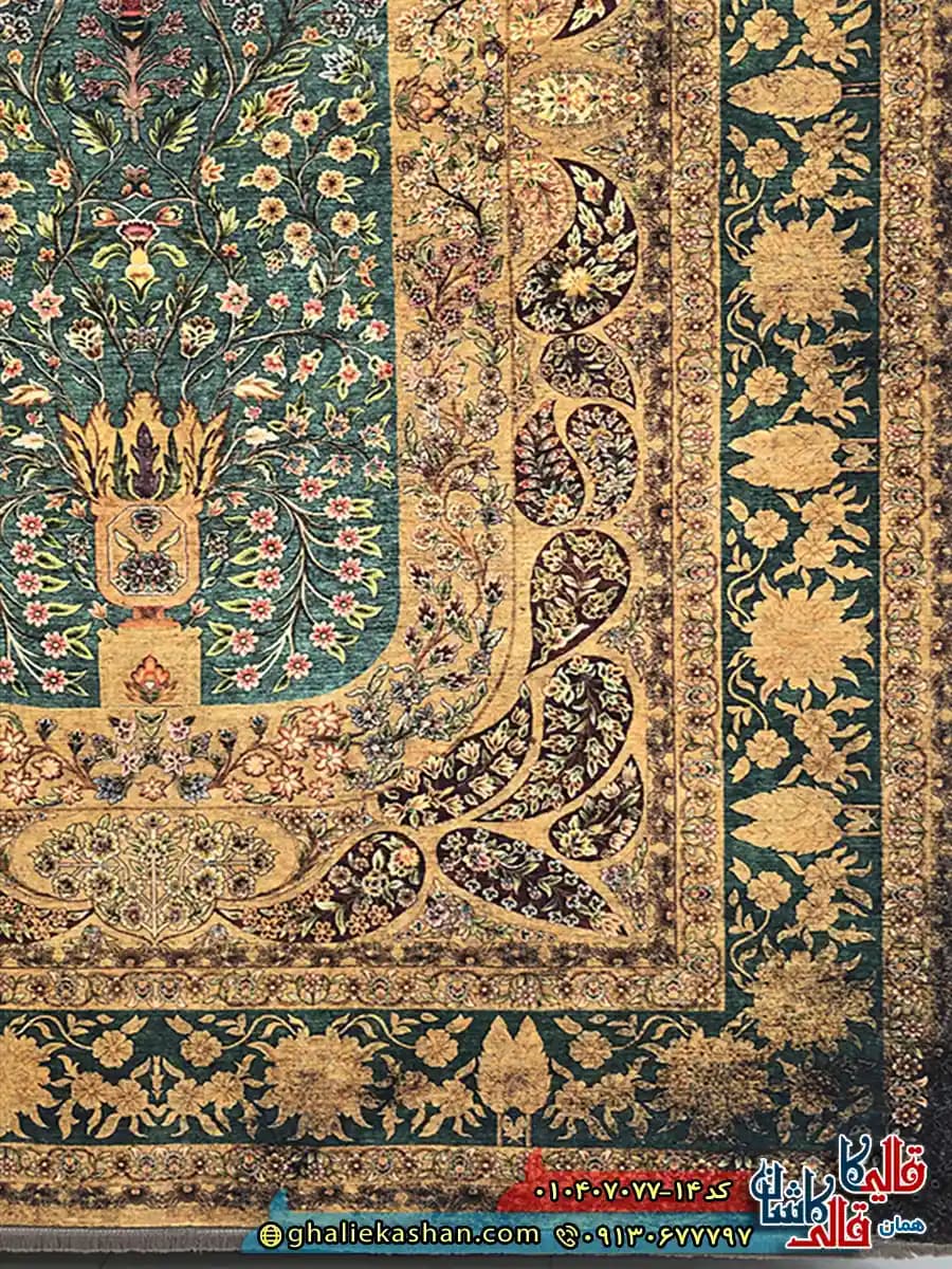 فرش کلاسیک سنتی 700 شانه طرح افشان تارلا رنگ سبز کاشان — تصویر ۴