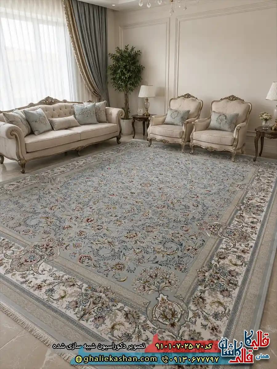 فرش 700 شانه طرح افشان جانا رنگ طوسی نقره ای کاشان — تصویر ۴
