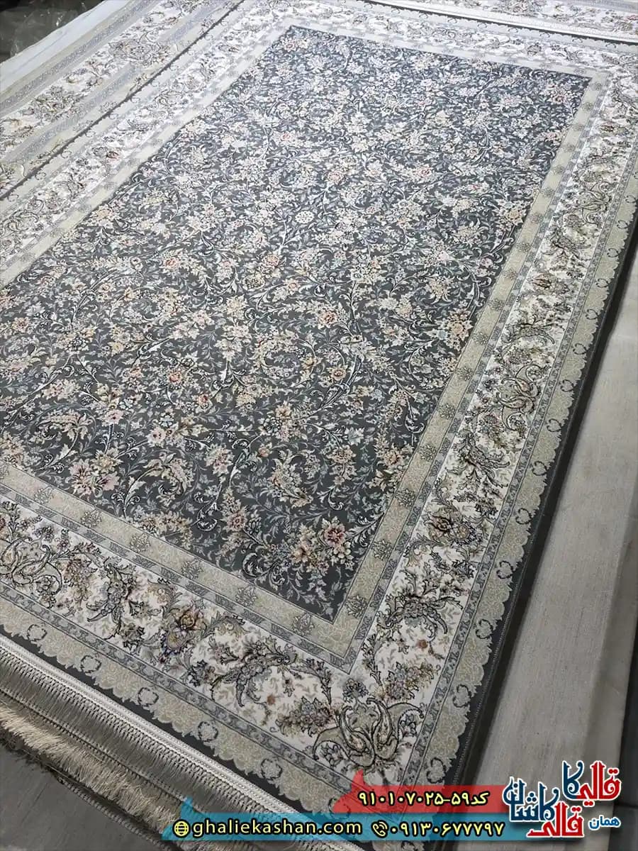 فرش 700 شانه طرح افشان رزلین رنگ طوسی دودی کاشان — تصویر ۵