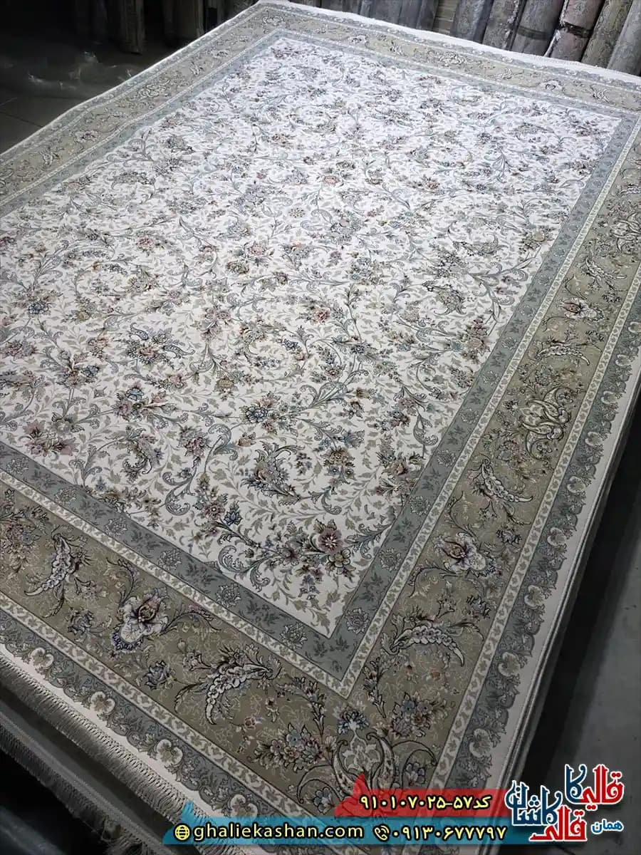 فرش 700 شانه طرح افشان رزلین رنگ کرم کاشان — تصویر ۵