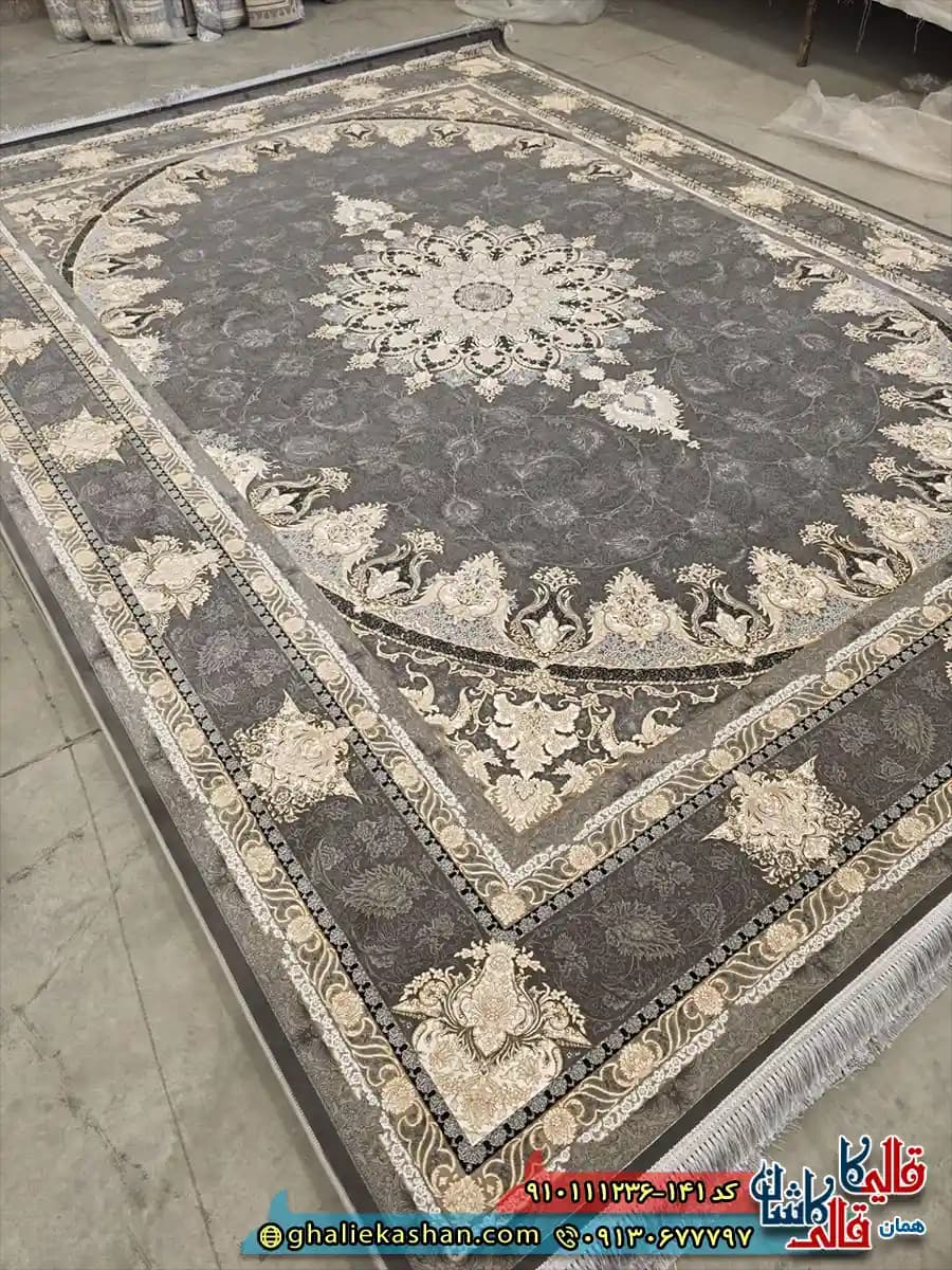 فرش کلاسیک 1200 شانه طرح اصفهان رنگ طوسی زغالی گل برجسته کاشان — تصویر ۵