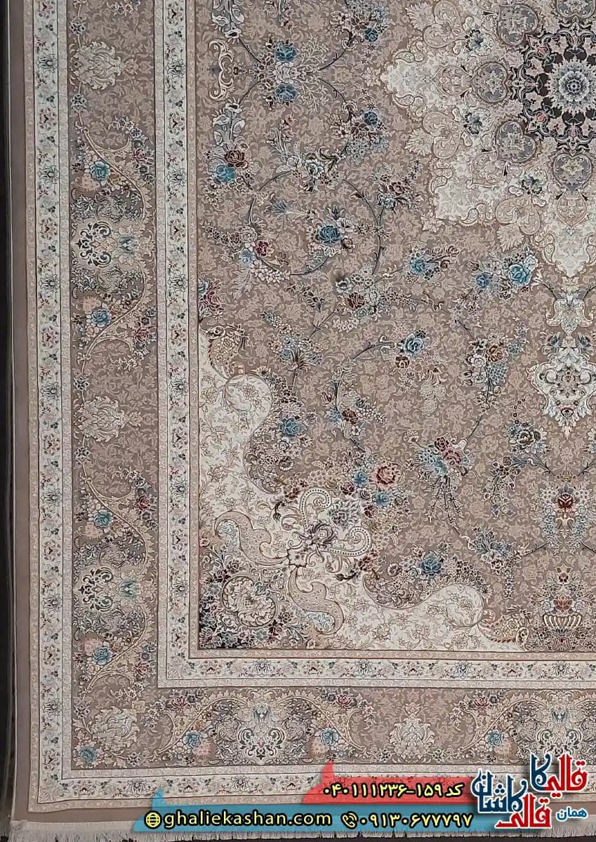 فرش کلاسیک 1200 شانه طرح هامون رنگ قهوه ای شکلاتی گل برجسته کاشان — تصویر ۱۰
