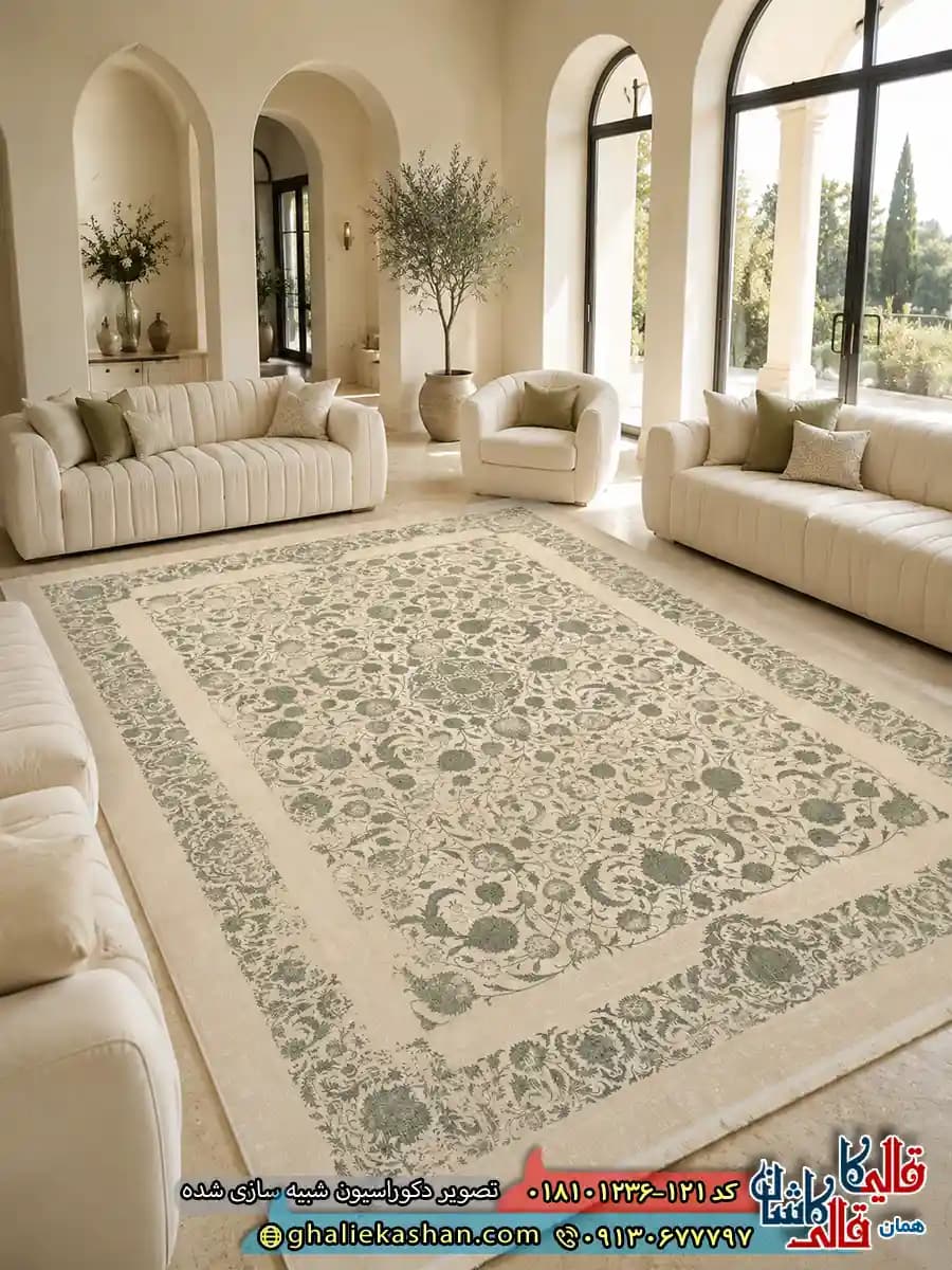 فرش 1200 شانه طرح افشان ساره رنگ کرم سبز کاشان — تصویر ۲