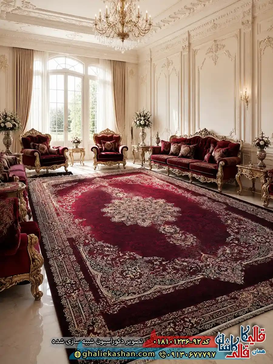 فرش کلاسیک 1200 شانه طرح آمیتیس رنگ قرمز لاکی کاشان — تصویر ۹