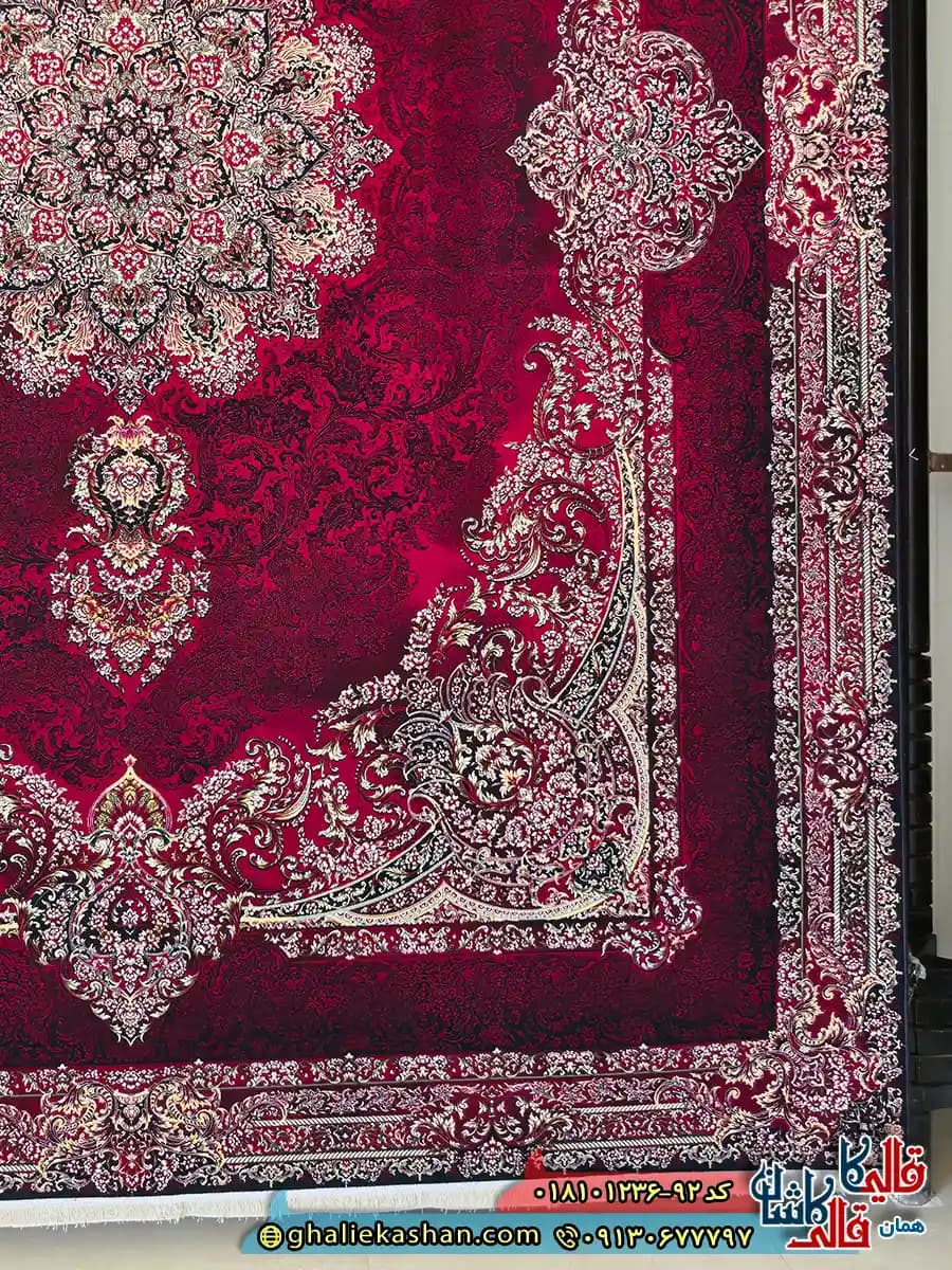 فرش کلاسیک 1200 شانه طرح آمیتیس رنگ قرمز لاکی کاشان — تصویر ۱۱