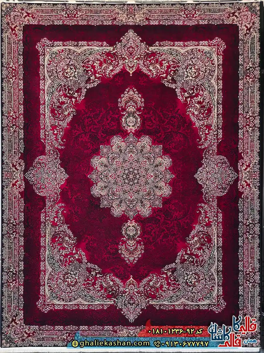فرش کلاسیک 1200 شانه طرح آمیتیس رنگ قرمز لاکی کاشان — تصویر ۳