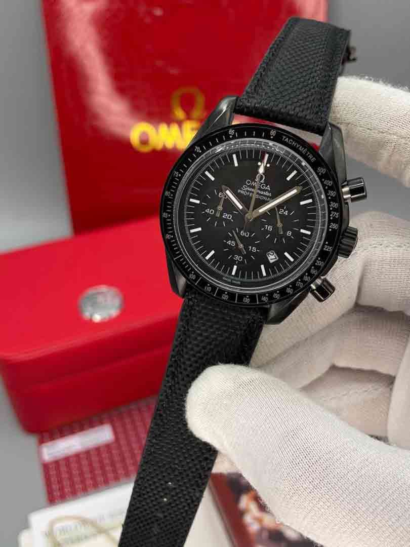 ساعت مچی مردانه امگا اسپید مستر بند برزنتی مشکی قاب مشکی Omega Speedmaster